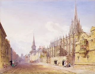Tudósok és alakok a Szent Mária Magdolna templom előtt, Oxford (ceruza és wc, papír)